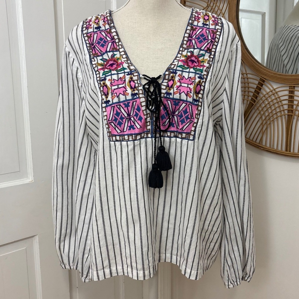 Figue Embroidered Blouse XL Tassel Boho Peasant Top Folk Festival Quiet Luxury